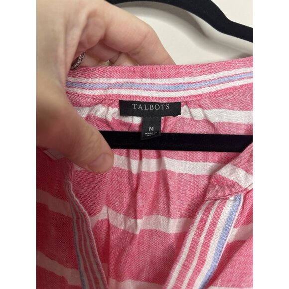Talbots Short Sleeve Top Blouse Pink White Stripes 100% Linen Size Medium - Picture 3 of 8